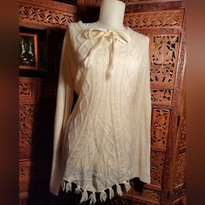 PrAna Shelby Cable Knit Sweater with Tassel Fringe in Winter White or Cream, XL